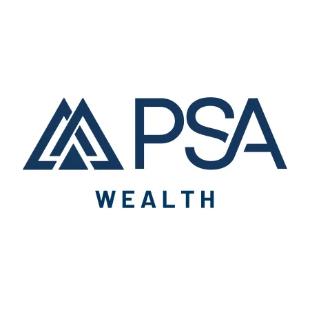 PSA Wealth logo with stylized triangular design and bold navy blue text on white background