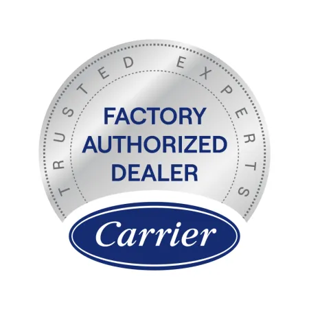 Carrier Factory Authorized Dealer badge with trusted experts text in silver and blue design