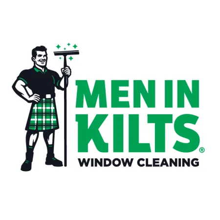 Logo of Men in Kilts window cleaning service featuring a man in a green plaid kilt holding a squeegee.