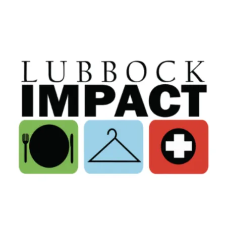 Lubbock Impact logo with icons of plate and utensils, clothes hanger, and medical cross on colorful blocks.