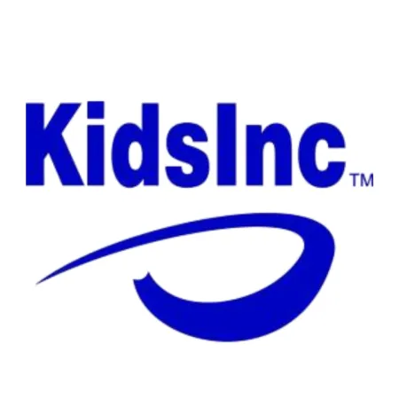 KidsInc logo in bold blue font with a swoosh design element underneath on white background