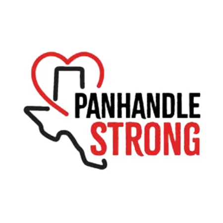 Outline of Texas Panhandle with a red heart and Panhandle Strong text in black and red