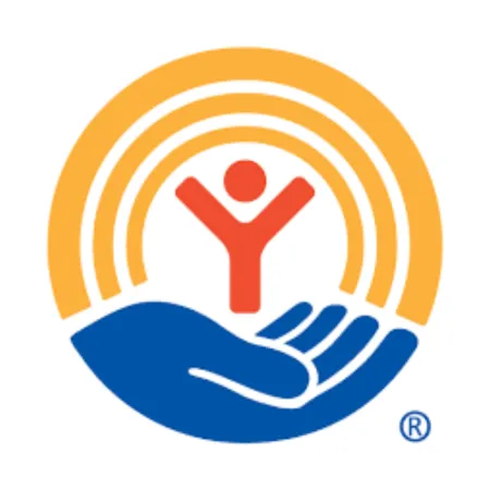 Blue hand holding red person figure under three orange arcs symbolizing care and support.