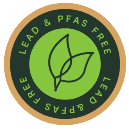 Green badge with two overlapping leaf icons and text reading Lead & PFAS Free in circular layout.