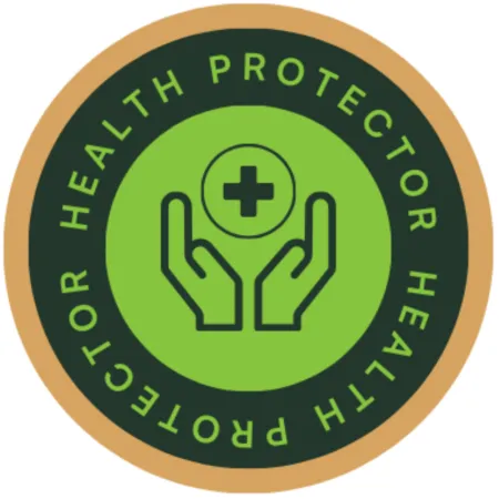 Green and black circular badge with hands holding a medical cross and text Health Protector around it.