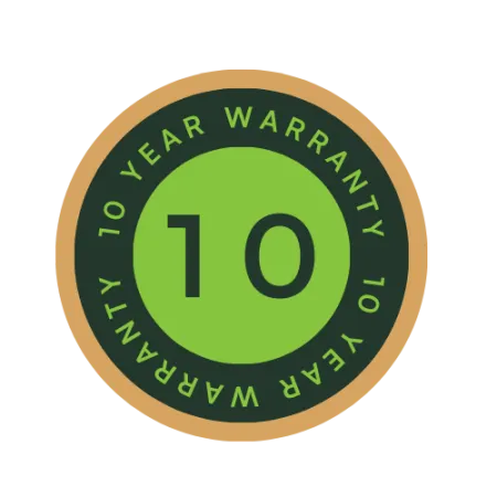 Circular badge with green center displaying 10 and outer ring stating 10 year warranty in green and gold colors.