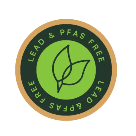 Round green badge with two leaf icons and text stating lead and PFAS free product certification.