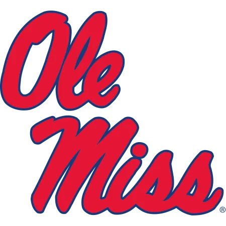 Ole Miss logo with red cursive text outlined in blue on transparent background