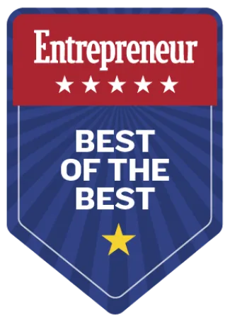Entrepreneur award badge with text Best of the Best, featuring five white stars and one yellow star on blue and red background.