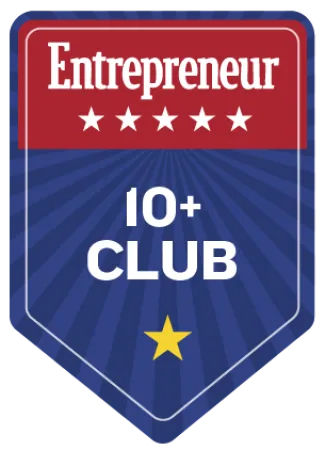 Entrepreneur 10+ Club badge with red and blue shield design and stars