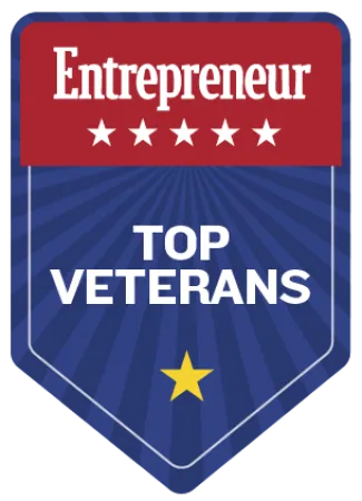 Entrepreneur banner with red and blue background displaying Top Veterans with star icons.