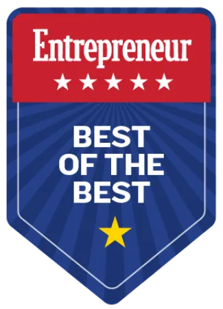 Entrepreneur award badge with five stars and text Best of the Best on blue and red background.