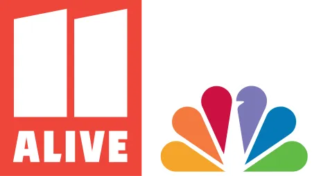 Colorful 11 Alive logo with red background next to NBC's multicolored peacock logo on black background