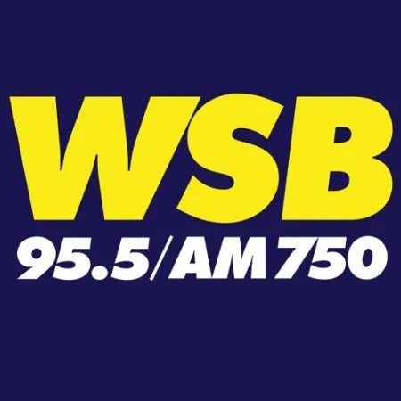 WSB radio station logo with yellow letters and white frequency 95.5 FM and AM 750 on dark blue background