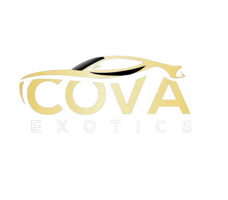 COVA Exotics logo featuring a sleek gold sports car silhouette over bold gold and white text on black background.
