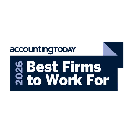 Accounting Today 2026 Best Firms to Work For award logo with blue and white text.