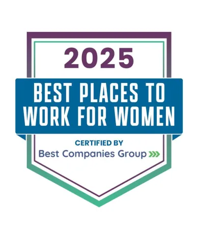 2025 Best Places to Work for Women badge certified by Best Companies Group in blue and purple colors.
