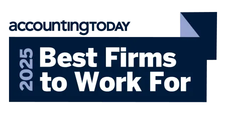 2025 Best Firms to Work For award logo by Accounting Today in blue and white.
