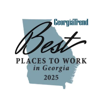 Logo for Georgia Trend Best Places to Work in Georgia 2025 with state outline and stylized text.