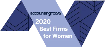 Accounting Today 2020 Best Firms for Women award emblem with geometric blue patterns.