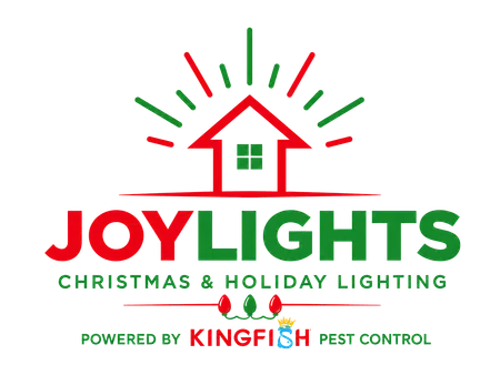 Joy Lights logo with a house, festive red and green rays, and text promoting Christmas holiday lighting services.
