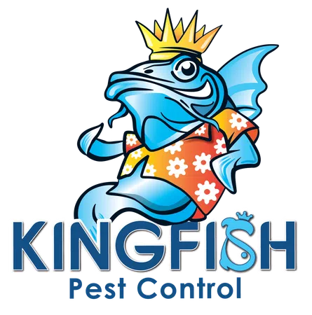 Blue fish wearing a crown and Hawaiian shirt above Kingfish Pest Control text logo with a small crown on the letter S.