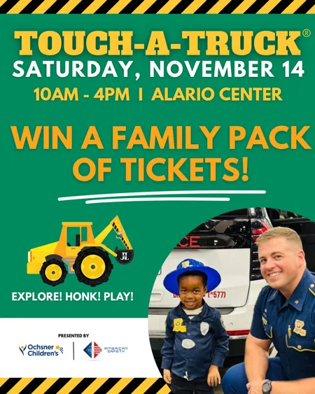 Event poster for Touch-A-Truck on Saturday, November 14 with overlaid text announcing a ticket giveaway and event details.