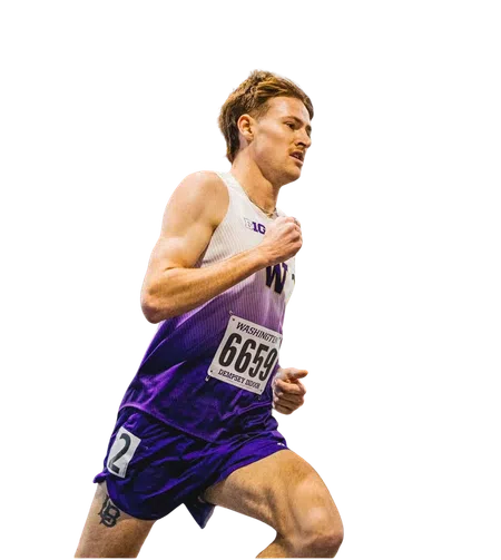 Male athlete in purple and white uniform running a race with bib number 6659 at a track event.