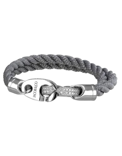 Perfect Fit Bracelet Double Strap White Gold with White Diamonds on Braided Charcoal Rope