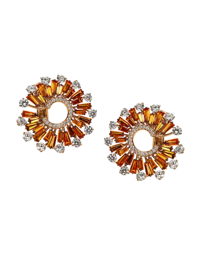 Orange Sapphires and Round Cut Diamonds Earrings
