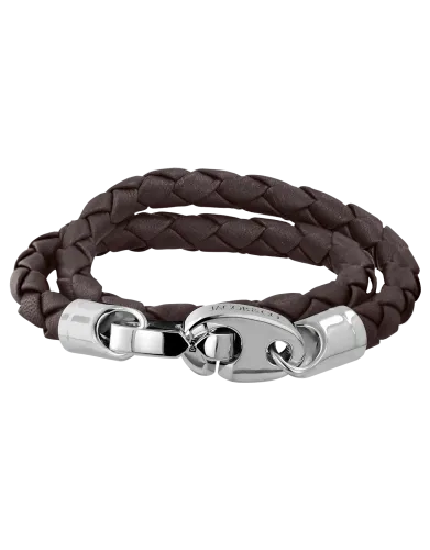 Perfect Fit Bracelet Double Strap White Gold with Braided Dark Brown Leather