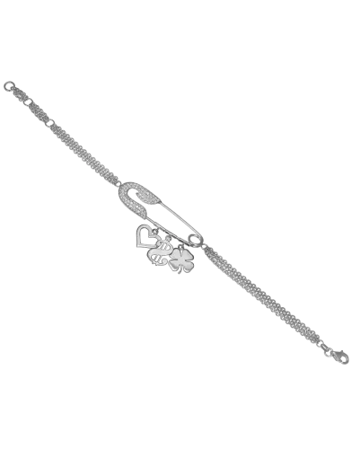 White Gold Diamond Safety Pin Charm Bracelet