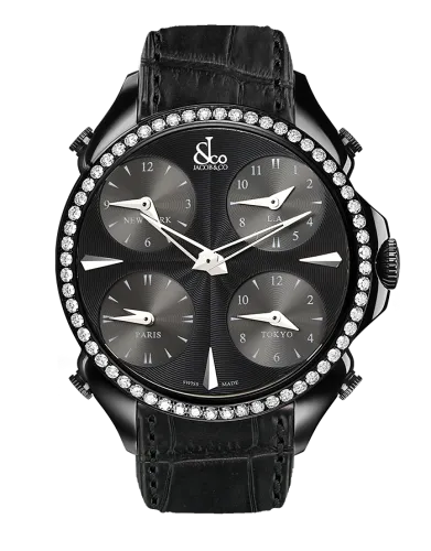 Palatial Five Time Zone Black PVD Coating, White Diamonds