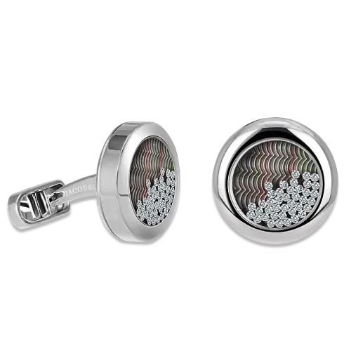 Circular Cufflinks Floating White Diamonds Wavy Black Background