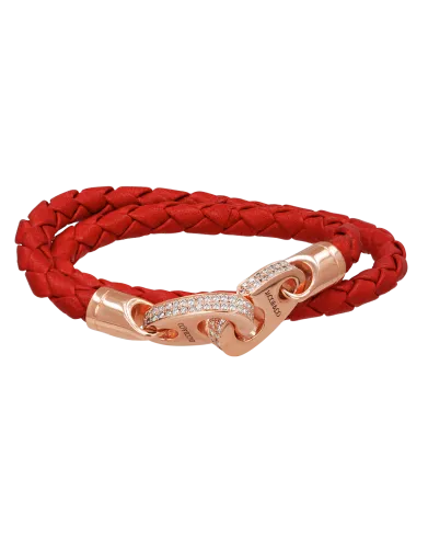 Perfect Fit Bracelet Double Strap Rose Gold with White Diamonds on Red Leather