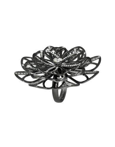 Half Pave Black Plated Flower Cocktail Ring