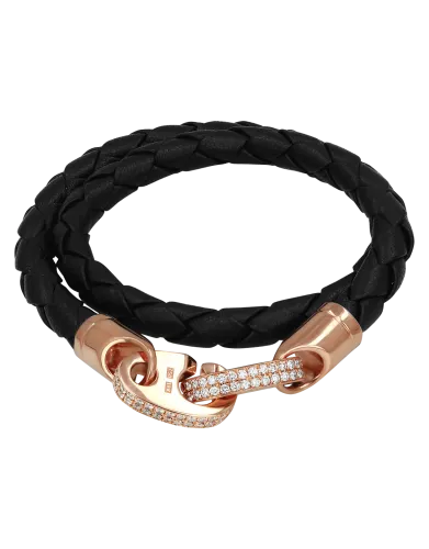 Perfect Fit Bracelet Double Strap Rose Gold with White Diamonds on Black Leather