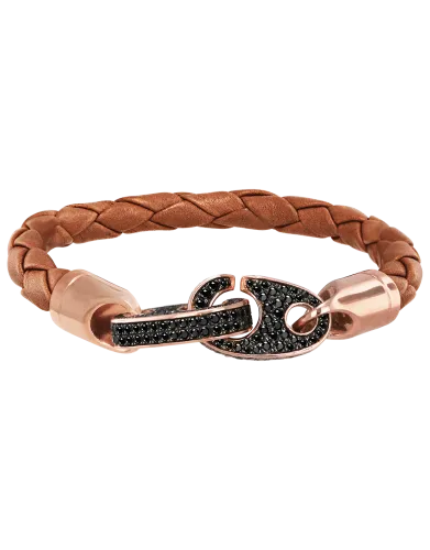 Perfect Fit Bracelet Rose Gold Black Diamonds on Braided Baked Brown Leather