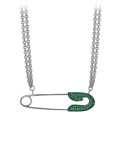 Large White Gold Emerald  Safety Pin Necklace