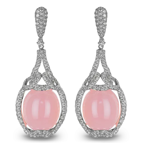 Rose Cabochon Quartz Drop Earrings White Gold