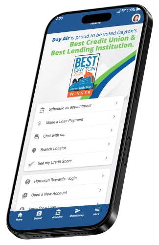 Smartphone screen showing Day Air app with navigation menu and a Best Credit Union award banner.