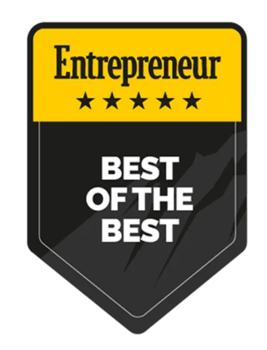 Entrepreneur award badge with yellow and black colors and text Best of the Best and five stars