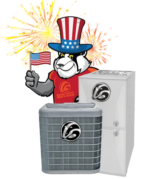 Cartoon badger mascot with American flag and hat stands behind HVAC units with fireworks in background.