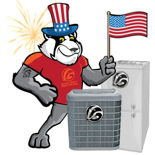 Cartoon badger mascot with Uncle Sam hat holding American flag next to HVAC units with company logos and fireworks.