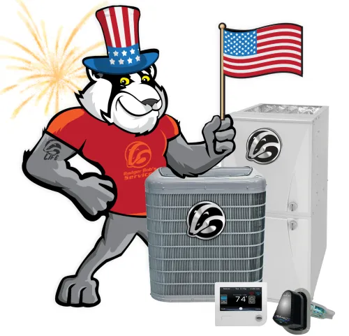 Cartoon badger mascot with Uncle Sam hat holding US flag next to HVAC equipment and thermostat with logo badges