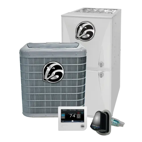 Home HVAC system components including outdoor unit, indoor furnace, thermostat, and air purification device.