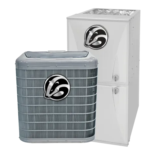 Gray outdoor air conditioning unit and white furnace with black and white badger logo.