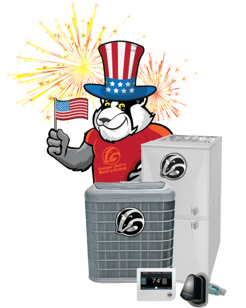 Badger mascot with American flag and fireworks behind HVAC units, thermostat, and air purifier products.
