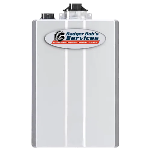 White rectangular HVAC unit with Badger Bob's Services logo for air conditioning, plumbing, and electrical needs.