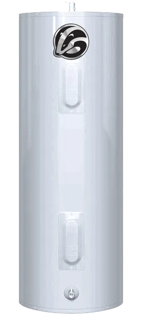 Tall white electric water heater tank with badger logo on transparent background.
